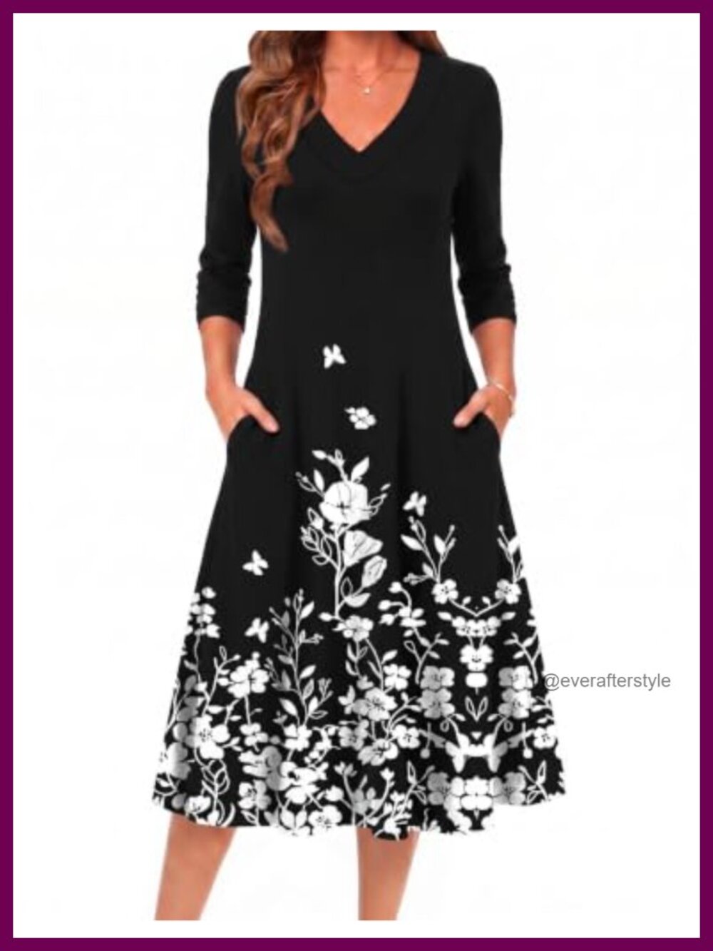 Women's Long Sleeve Midi Dress V-Neck A-Line Pull On Casual Fall